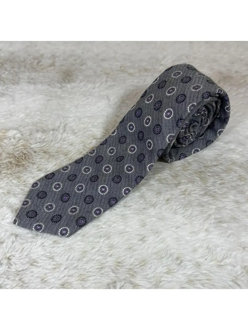 Allen Edmonds Silk Tie Gray Purple Medallion Made USA Classic
